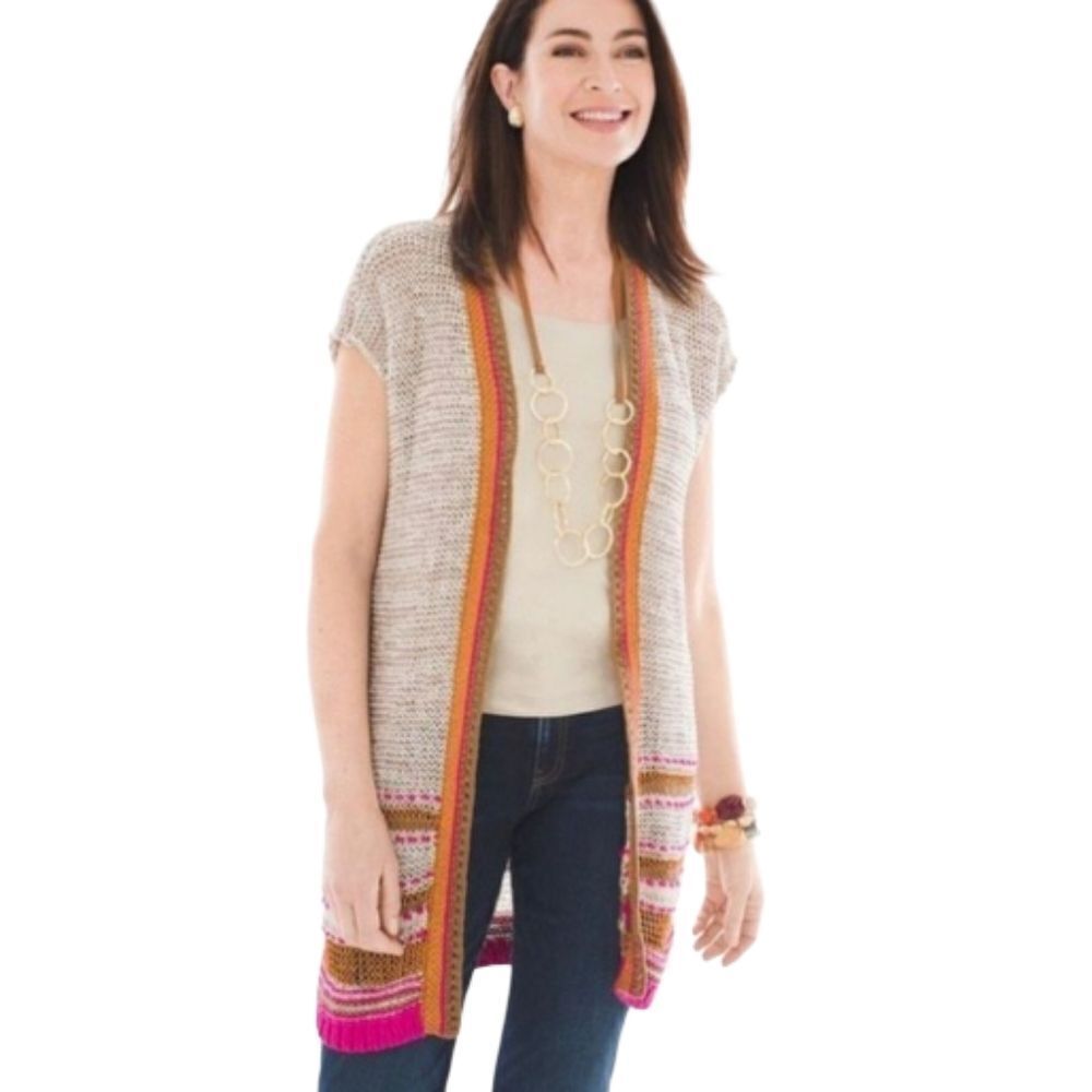 Chico's Color Pop Multicolor Knit Longline Cardigan Orange Pink Plus Size